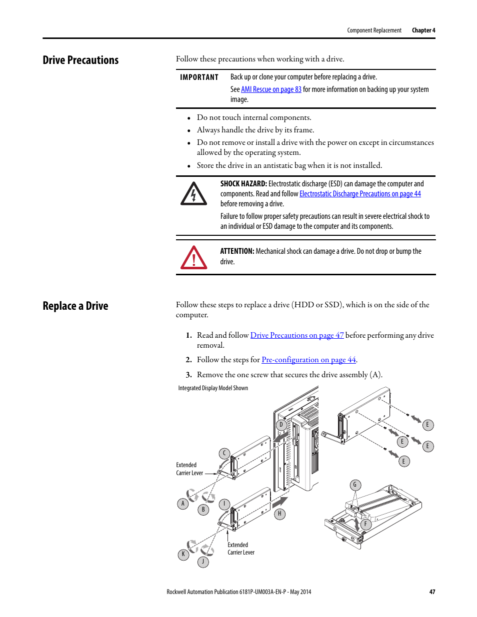 Drive precautions, Replace a drive, Drive precautions replace a drive | Rockwell Automation 6189x Integrated Display Industrial Computers User Manual User Manual | Page 47 / 124