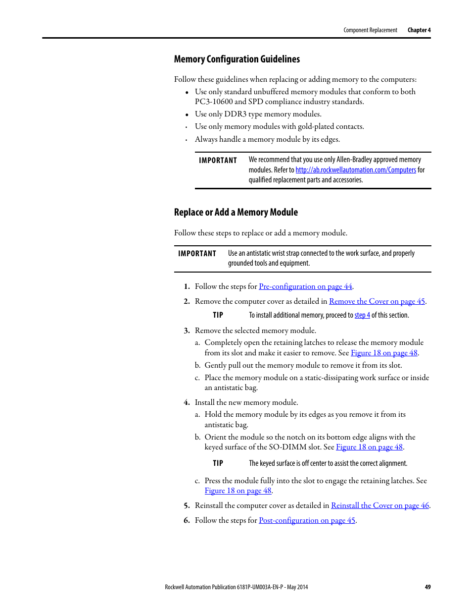 Memory configuration guidelines, Replace or add a memory module | Rockwell Automation 6189x Integrated Display Industrial Computers User Manual User Manual | Page 49 / 124