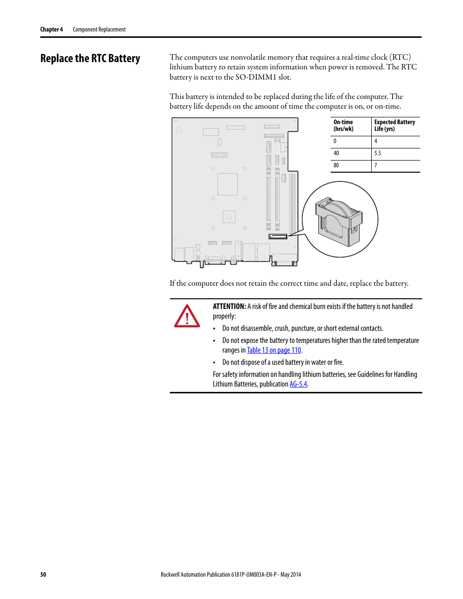 Replace the rtc battery | Rockwell Automation 6189x Integrated Display Industrial Computers User Manual User Manual | Page 50 / 124