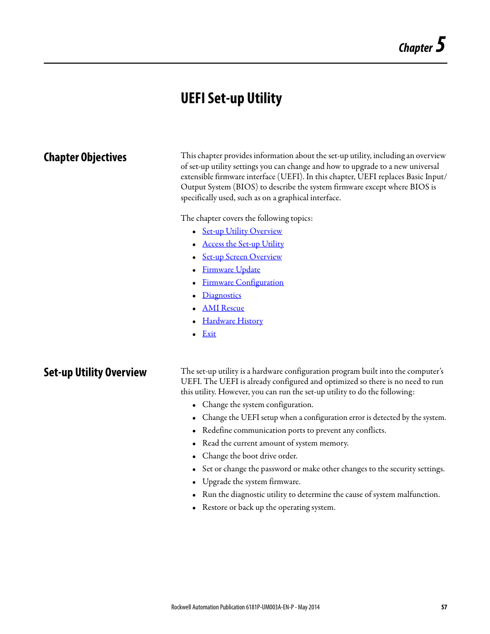 5 - uefi set-up utility, Chapter objectives, Set-up utility overview | Chapter 5, Uefi set-up utility, Chapter objectives set-up utility overview, Chapter | Rockwell Automation 6189x Integrated Display Industrial Computers User Manual User Manual | Page 57 / 124