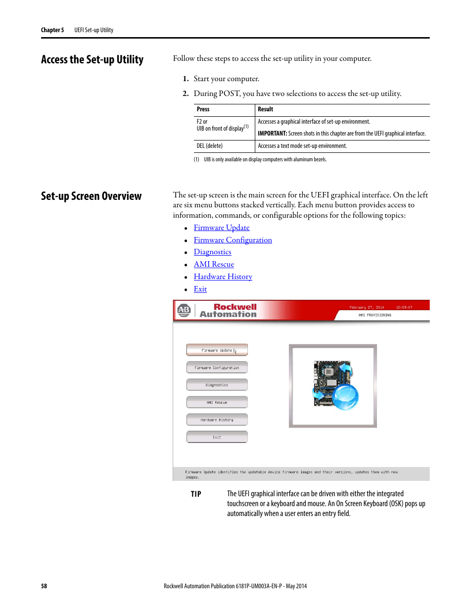 Access the set-up utility, Set-up screen overview, Access the set-up utility set-up screen overview | Rockwell Automation 6189x Integrated Display Industrial Computers User Manual User Manual | Page 58 / 124