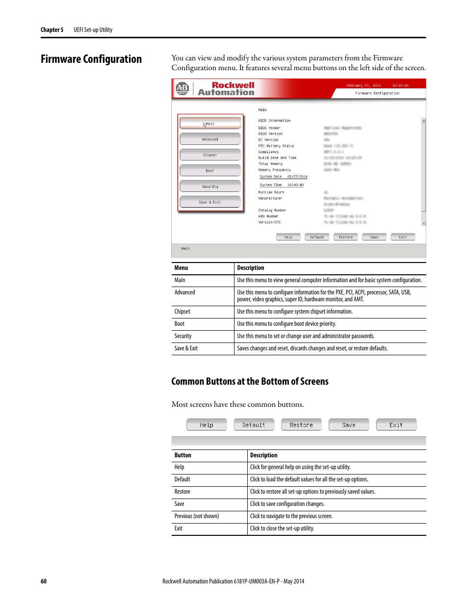 Firmware configuration, Common buttons at the bottom of screens | Rockwell Automation 6189x Integrated Display Industrial Computers User Manual User Manual | Page 60 / 124