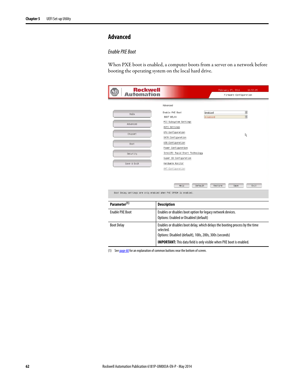 Advanced, Enable pxe boot | Rockwell Automation 6189x Integrated Display Industrial Computers User Manual User Manual | Page 62 / 124