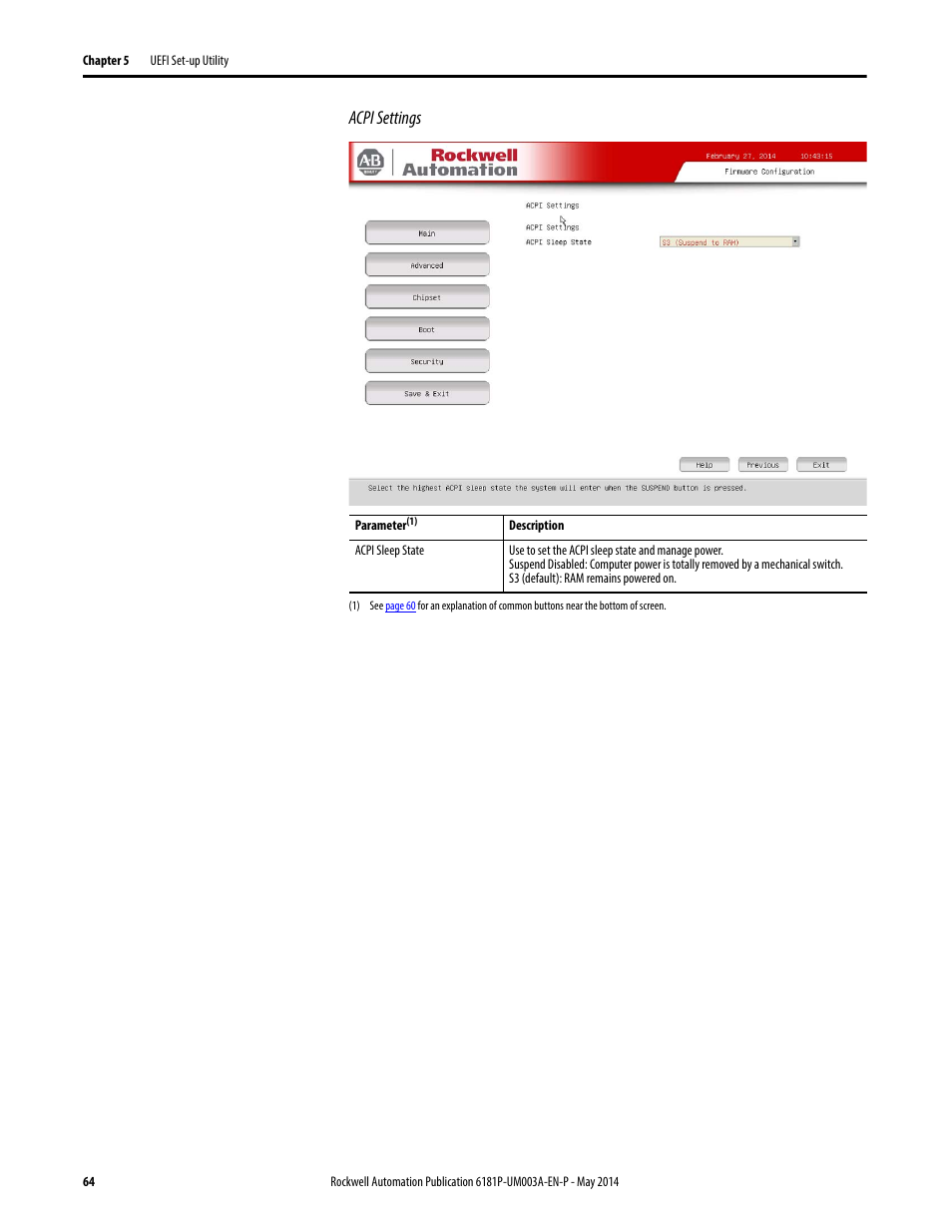 Acpi settings | Rockwell Automation 6189x Integrated Display Industrial Computers User Manual User Manual | Page 64 / 124