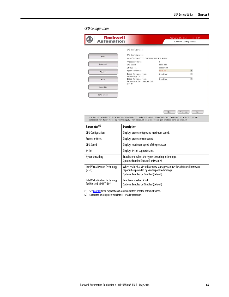 Cpu configuration | Rockwell Automation 6189x Integrated Display Industrial Computers User Manual User Manual | Page 65 / 124