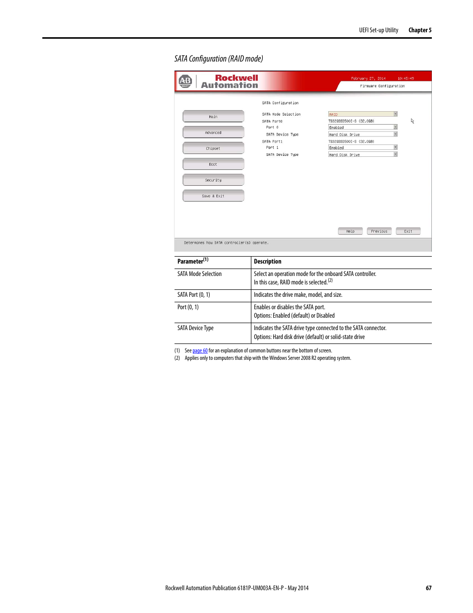 Sata configuration (raid mode) | Rockwell Automation 6189x Integrated Display Industrial Computers User Manual User Manual | Page 67 / 124