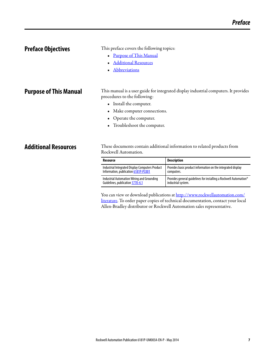 Preface, Preface objectives, Purpose of this manual | Additional resources, Preface preface objectives | Rockwell Automation 6189x Integrated Display Industrial Computers User Manual User Manual | Page 7 / 124