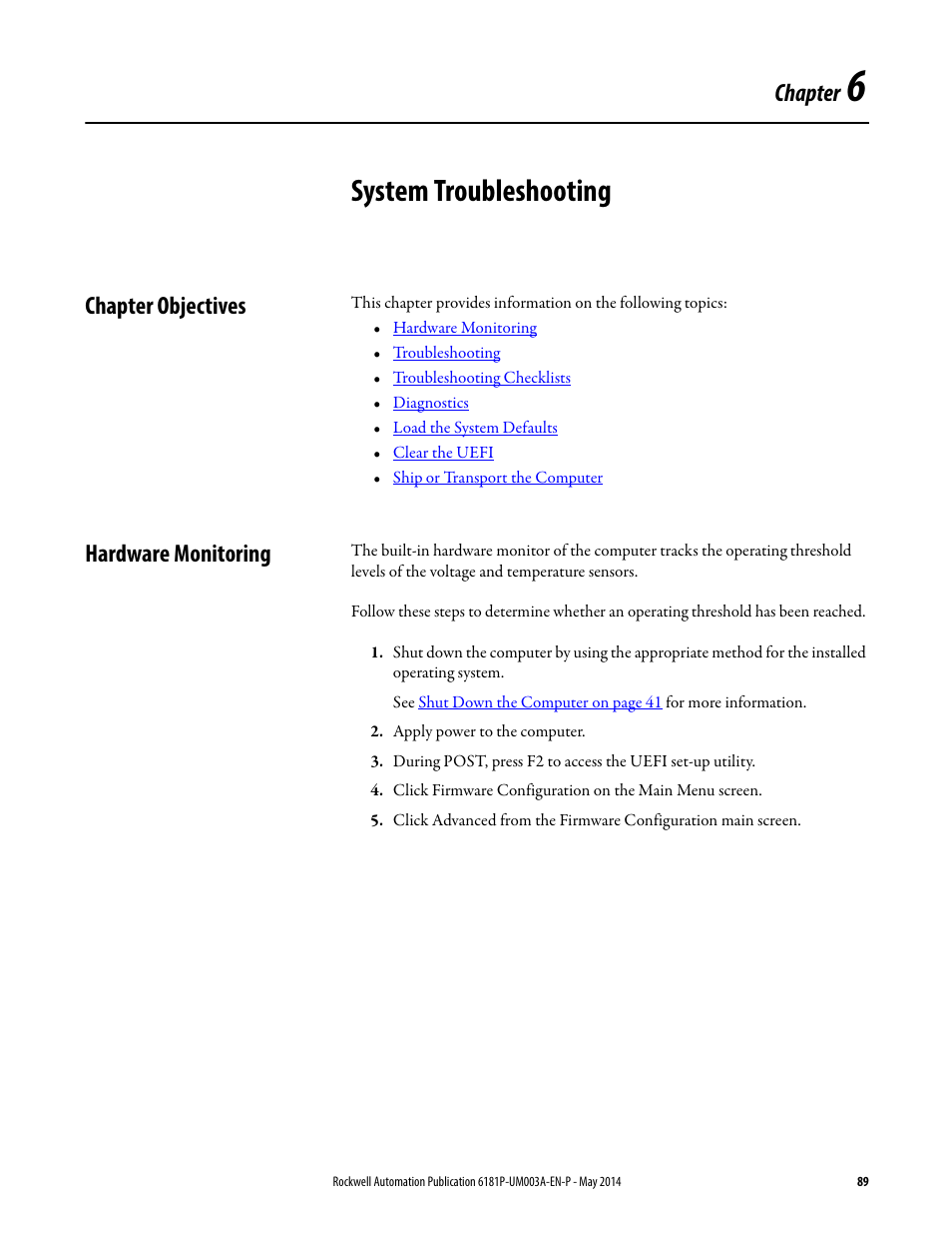 6 - system troubleshooting, Chapter objectives, Hardware monitoring | Chapter 6, System troubleshooting, Chapter objectives hardware monitoring, System, Troubleshooting, Chapter | Rockwell Automation 6189x Integrated Display Industrial Computers User Manual User Manual | Page 89 / 124