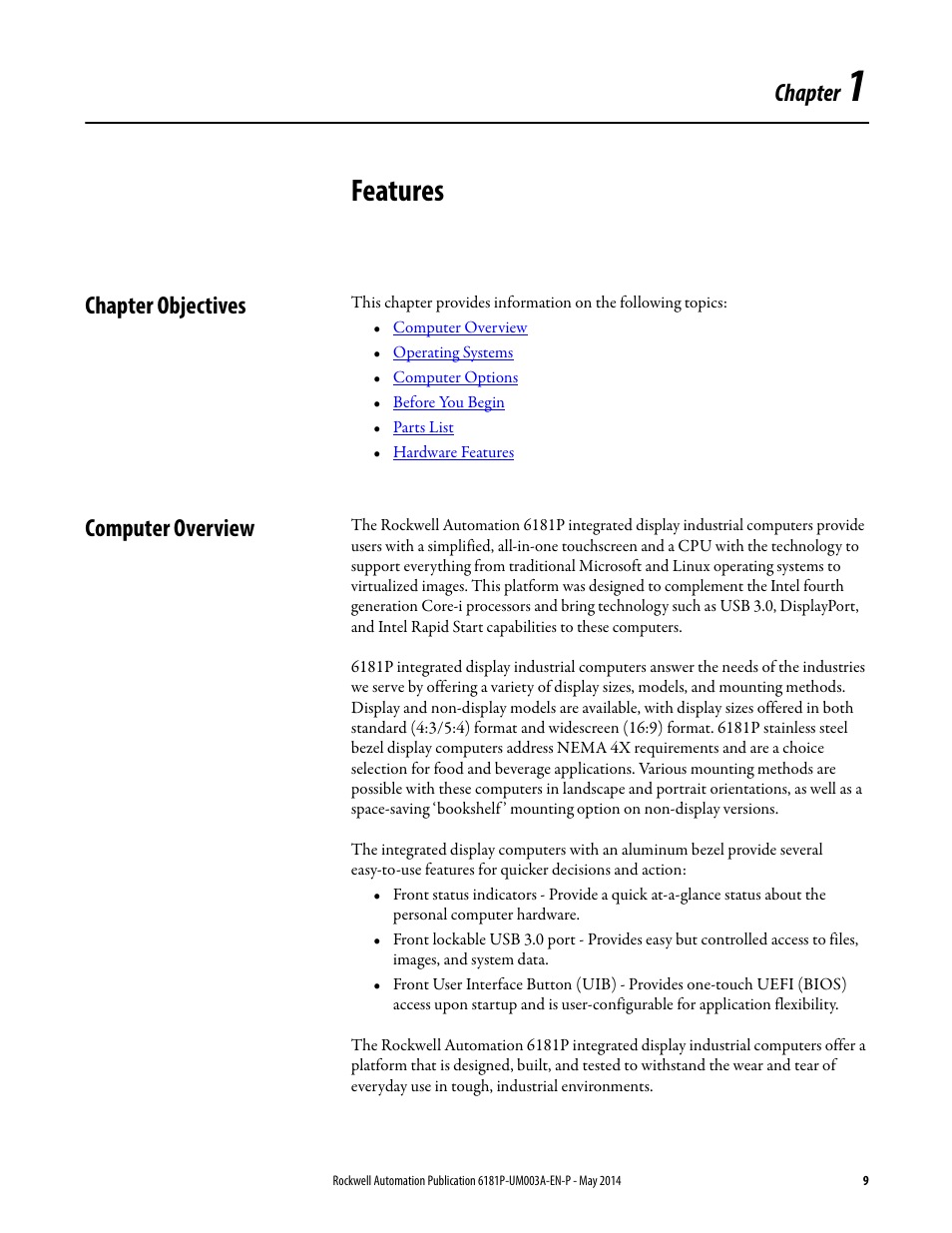 1 - features, Chapter objectives, Computer overview | Chapter 1, Features, Chapter objectives computer overview, Chapter | Rockwell Automation 6189x Integrated Display Industrial Computers User Manual User Manual | Page 9 / 124