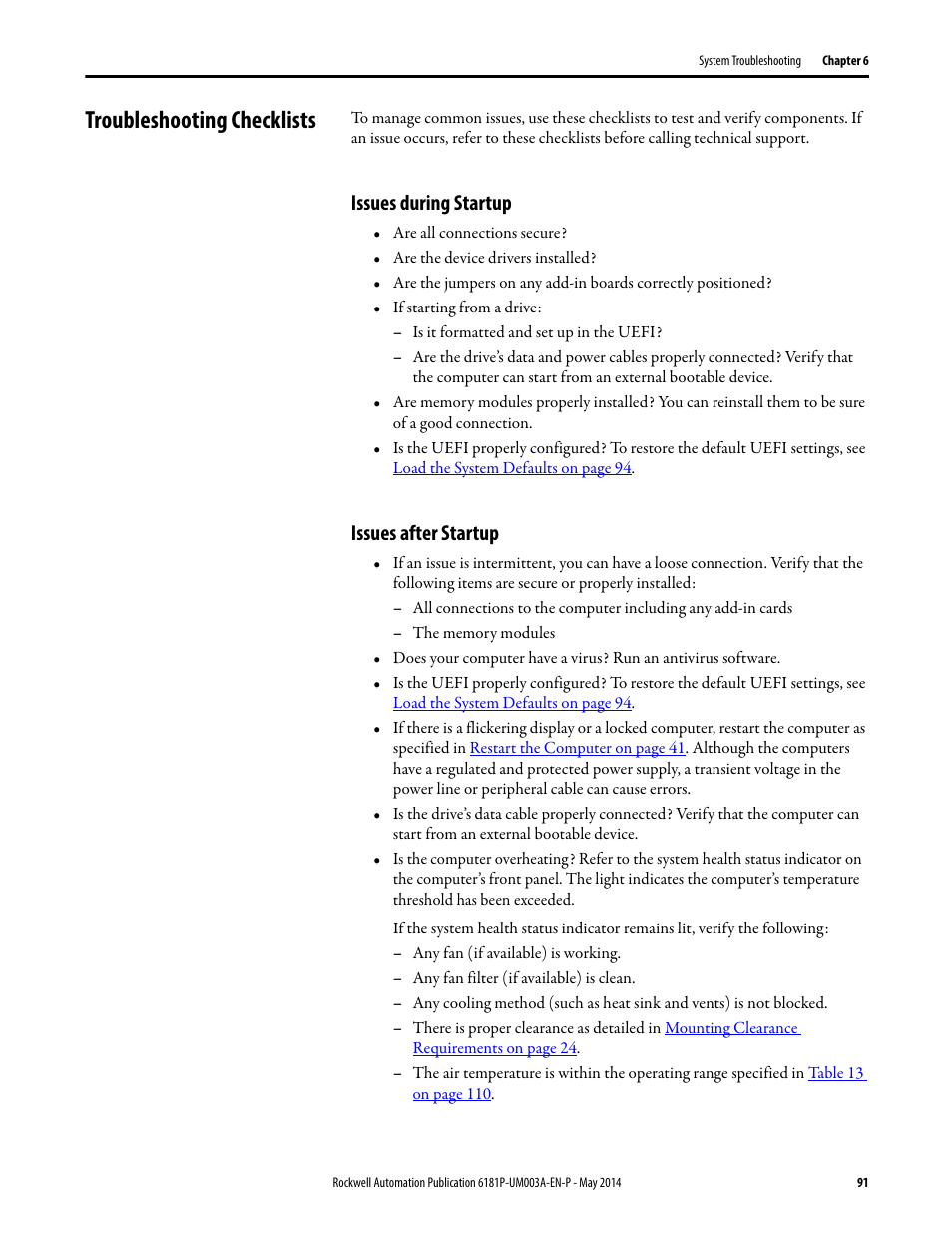 Troubleshooting checklists, Issues during startup, Issues after startup | Issues during startup issues after startup | Rockwell Automation 6189x Integrated Display Industrial Computers User Manual User Manual | Page 91 / 124