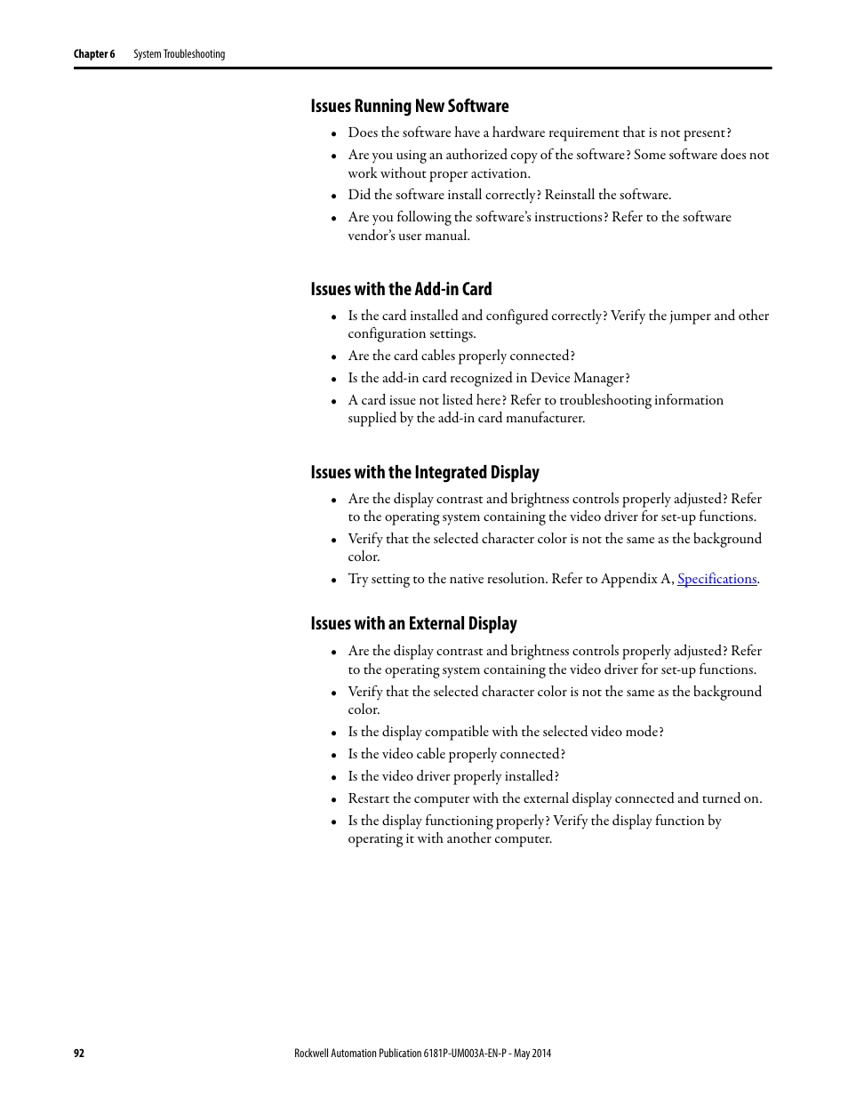 Issues running new software, Issues with the add-in card, Issues with the integrated display | Issues with an external display | Rockwell Automation 6189x Integrated Display Industrial Computers User Manual User Manual | Page 92 / 124