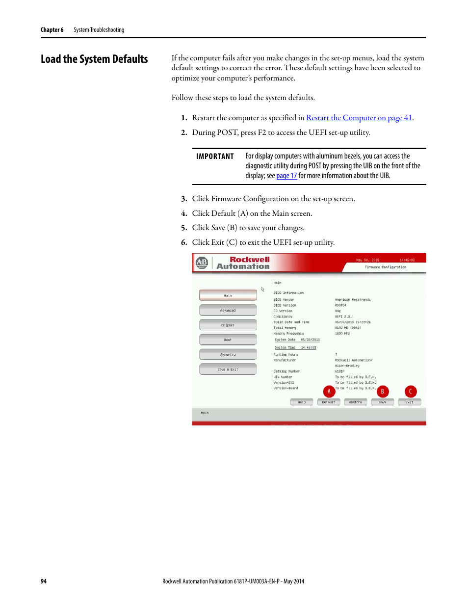 Load the system defaults | Rockwell Automation 6189x Integrated Display Industrial Computers User Manual User Manual | Page 94 / 124