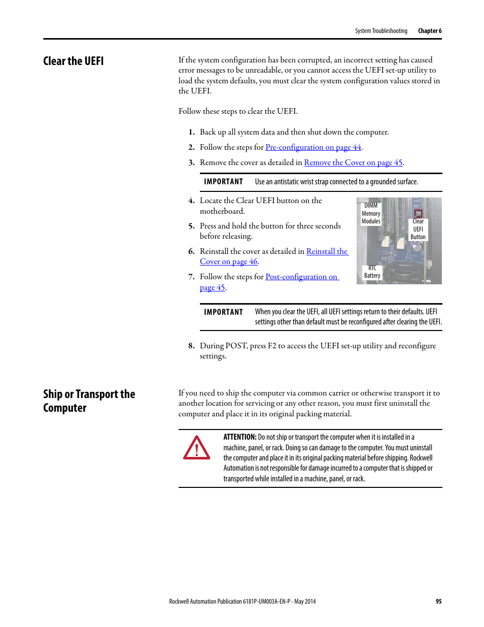 Clear the uefi, Ship or transport the computer, Clear the uefi ship or transport the computer | Rockwell Automation 6189x Integrated Display Industrial Computers User Manual User Manual | Page 95 / 124