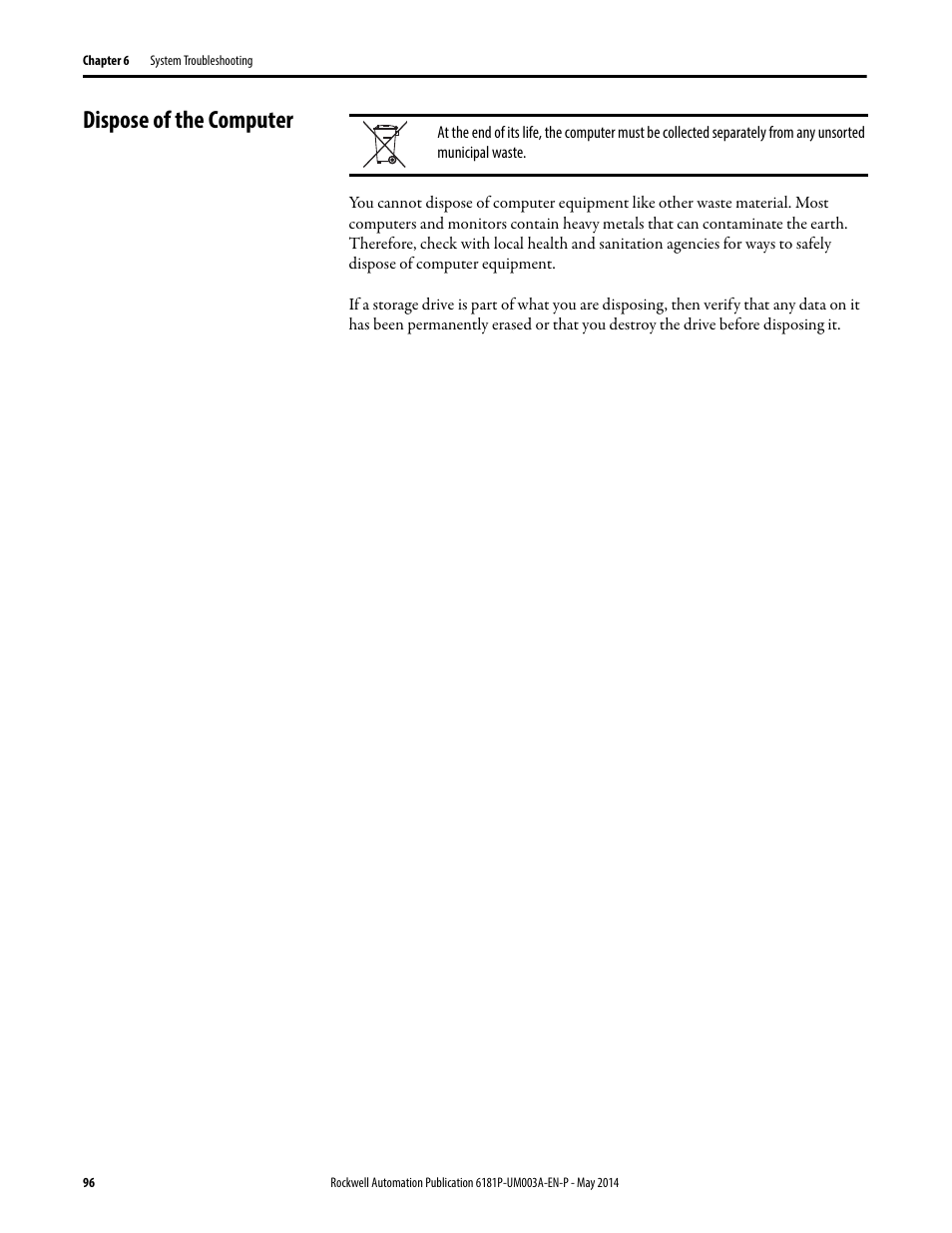 Dispose of the computer | Rockwell Automation 6189x Integrated Display Industrial Computers User Manual User Manual | Page 96 / 124