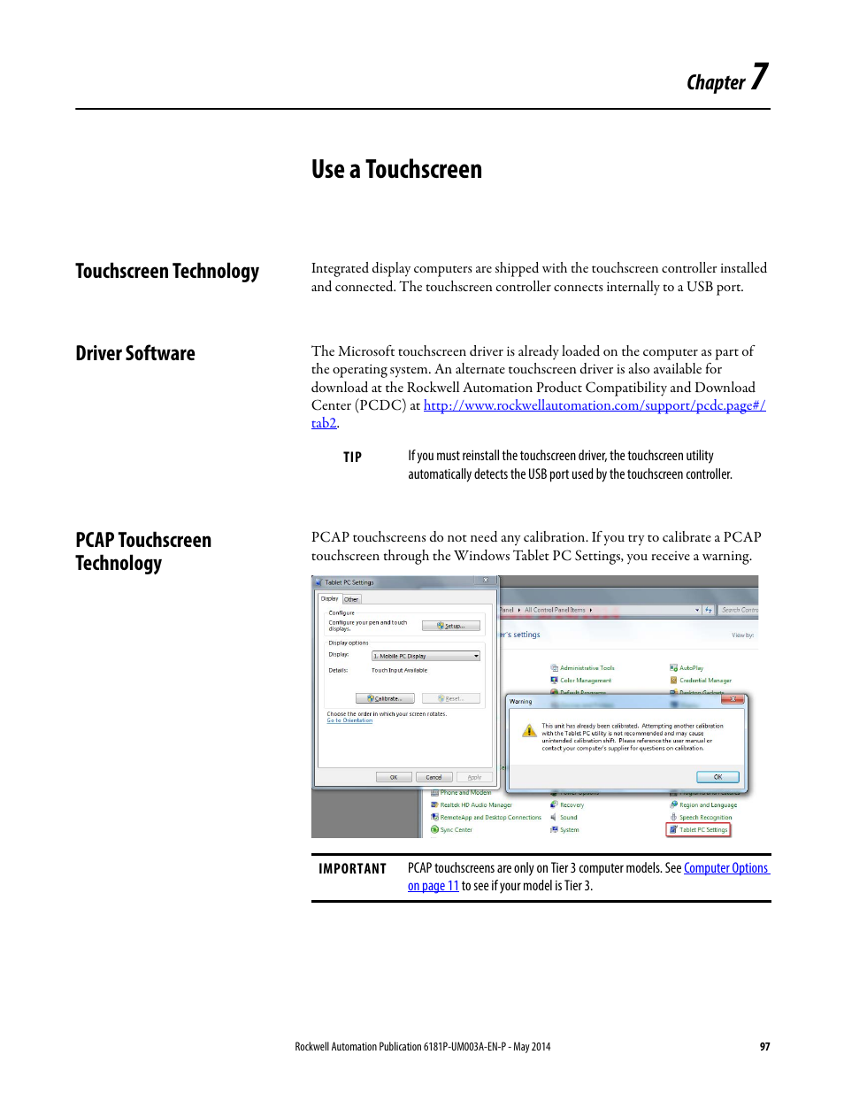 7 - use a touchscreen, Touchscreen technology, Driver software | Pcap touchscreen technology, Chapter 7, Use a touchscreen, Chapter | Rockwell Automation 6189x Integrated Display Industrial Computers User Manual User Manual | Page 97 / 124