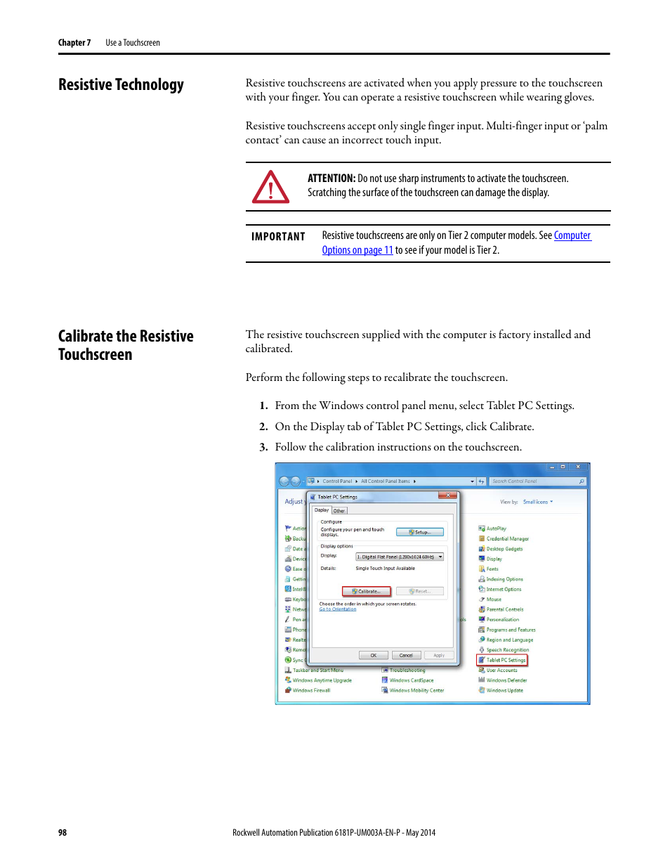 Resistive technology, Calibrate the resistive touchscreen | Rockwell Automation 6189x Integrated Display Industrial Computers User Manual User Manual | Page 98 / 124