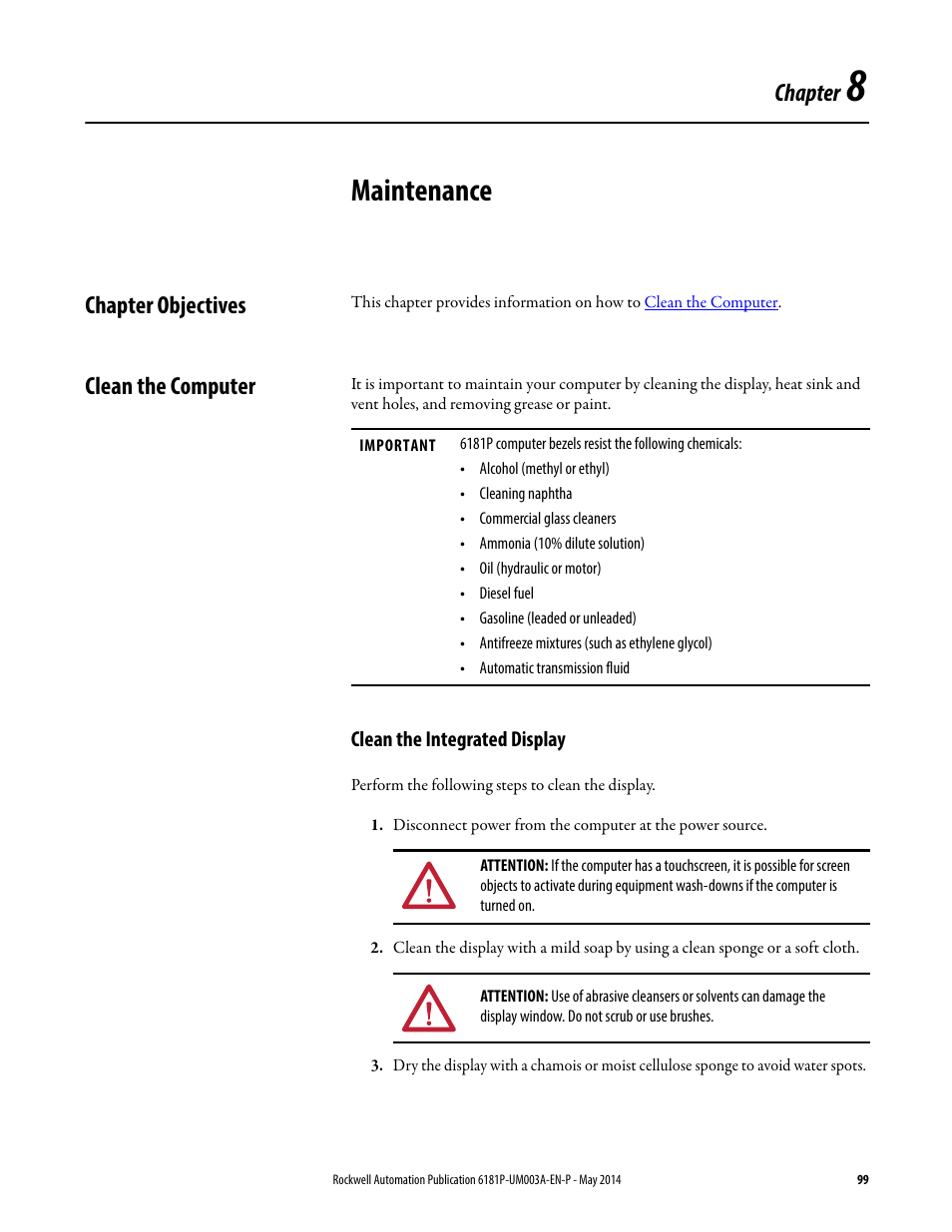 8 - maintenance, Chapter objectives, Clean the computer | Clean the integrated display, Chapter 8, Maintenance, Chapter objectives clean the computer, Chapter | Rockwell Automation 6189x Integrated Display Industrial Computers User Manual User Manual | Page 99 / 124