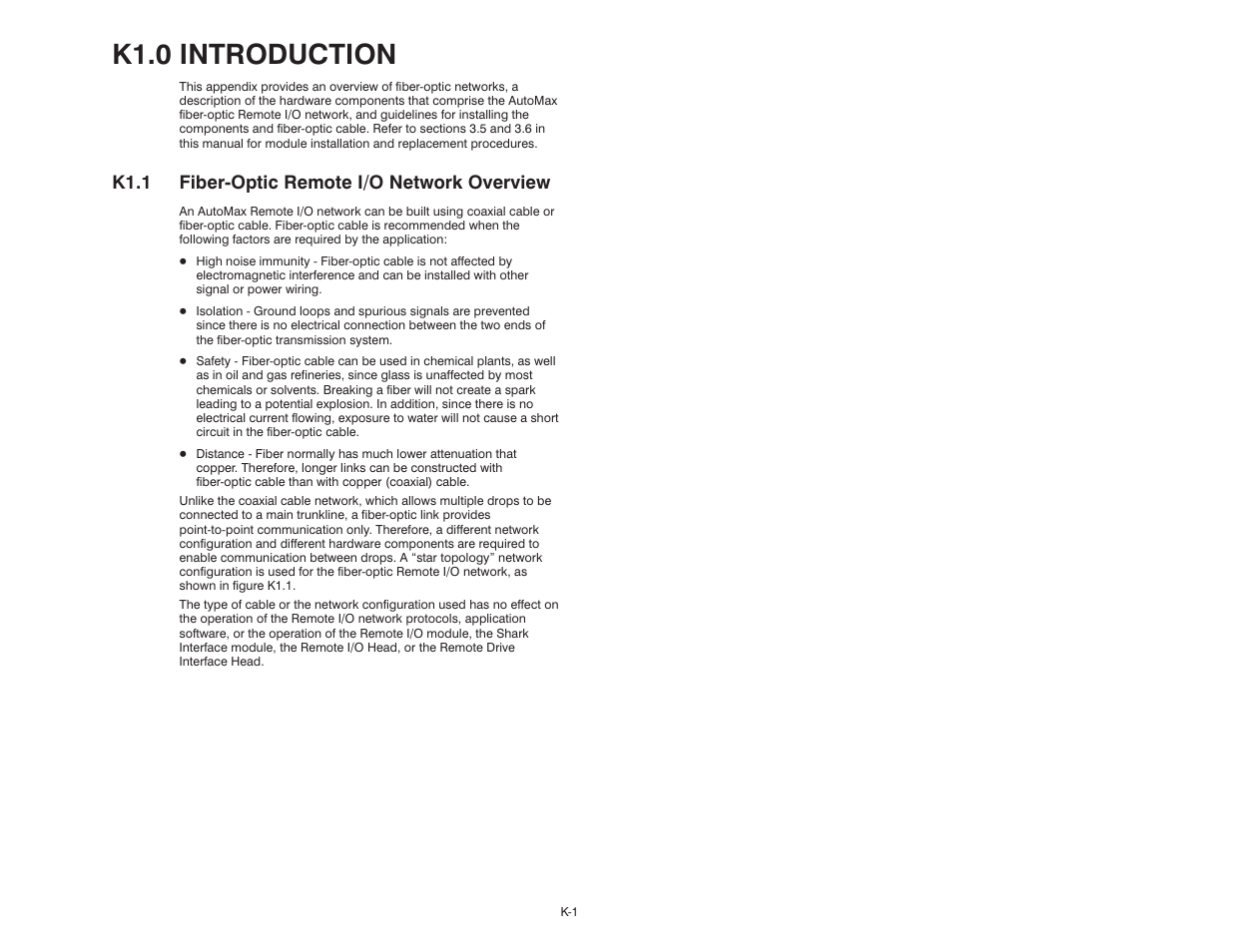 K1.0 introduction, K1.1 fiberćoptic remote i/o network overview | Rockwell Automation 57C329 Remote I/O Communications, AutoMax User Manual | Page 119 / 144