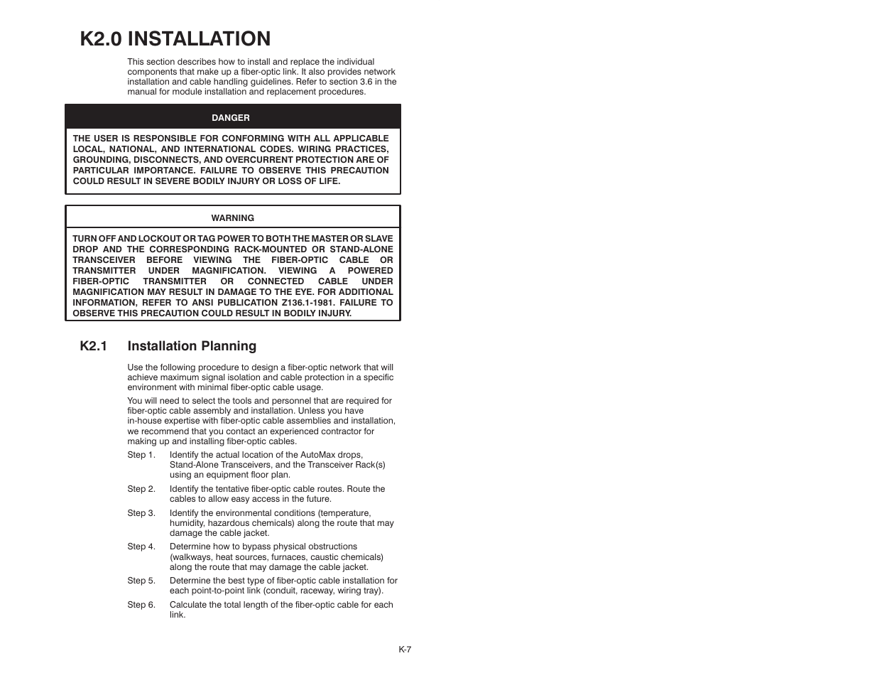 K2.0 installation, K2.1 installation planning | Rockwell Automation 57C329 Remote I/O Communications, AutoMax User Manual | Page 125 / 144