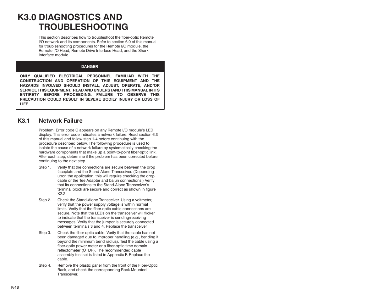 K3.0 diagnostics and troubleshooting, K3.1 network failure | Rockwell Automation 57C329 Remote I/O Communications, AutoMax User Manual | Page 136 / 144