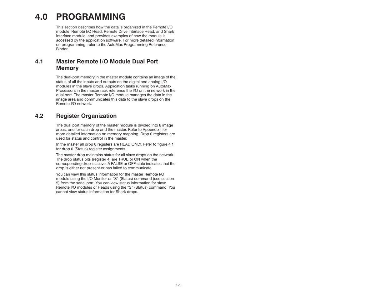 0 - programming, 1 master remote i/o module dual port memory, 2 register organization | 0 programming | Rockwell Automation 57C329 Remote I/O Communications, AutoMax User Manual | Page 63 / 144