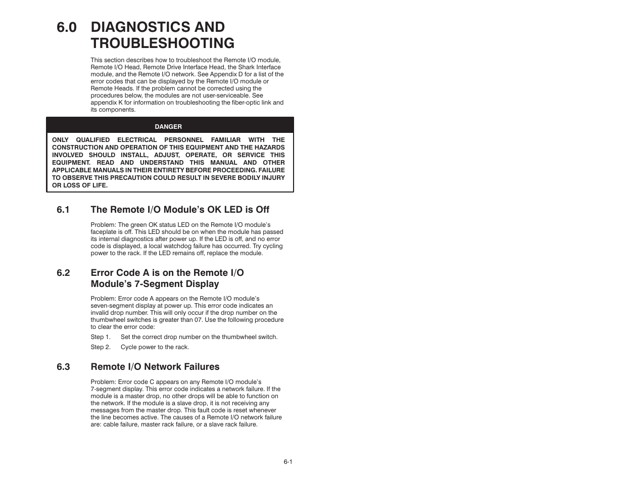 0 - diagnostics and troubleshooting, 1 the remote i/o module's ok led is off, 3 remote i/o network failures | 0 diagnostics and troubleshooting | Rockwell Automation 57C329 Remote I/O Communications, AutoMax User Manual | Page 85 / 144