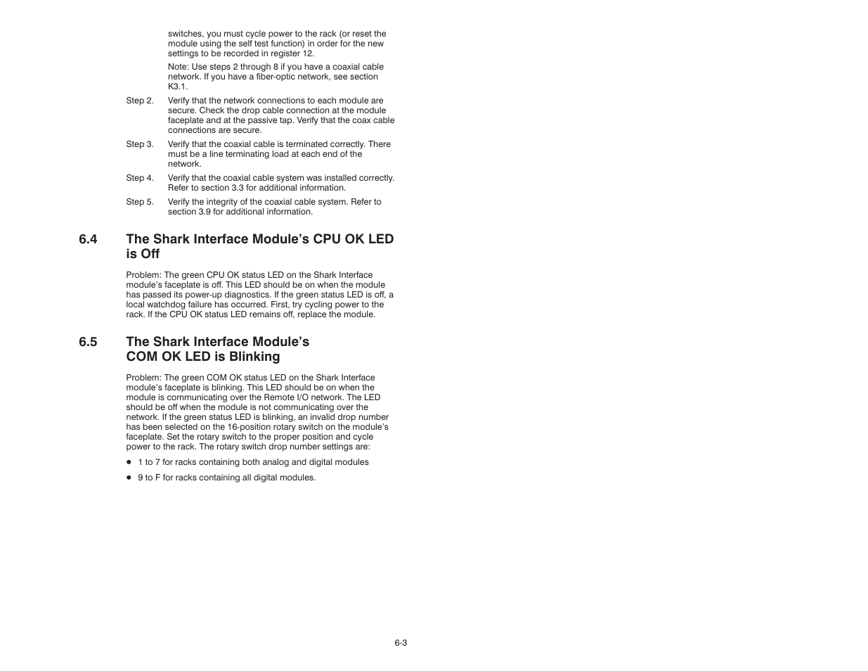 4 the shark interface module's cpu ok led is off | Rockwell Automation 57C329 Remote I/O Communications, AutoMax User Manual | Page 87 / 144