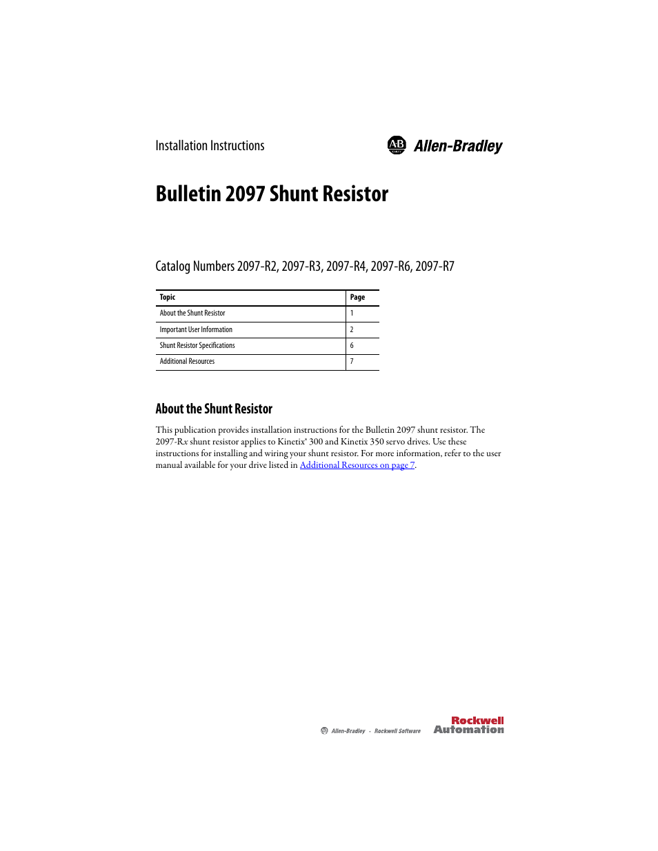 Rockwell Automation 2097-Rx Shunt Resistor Installation Instructions User Manual | 8 pages