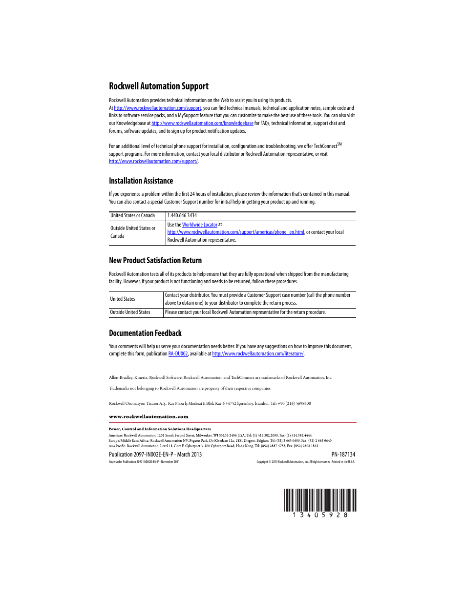 Rockwell automation support, Installation assistance, New product satisfaction return | Documentation feedback | Rockwell Automation 2097-Rx Shunt Resistor Installation Instructions User Manual | Page 8 / 8