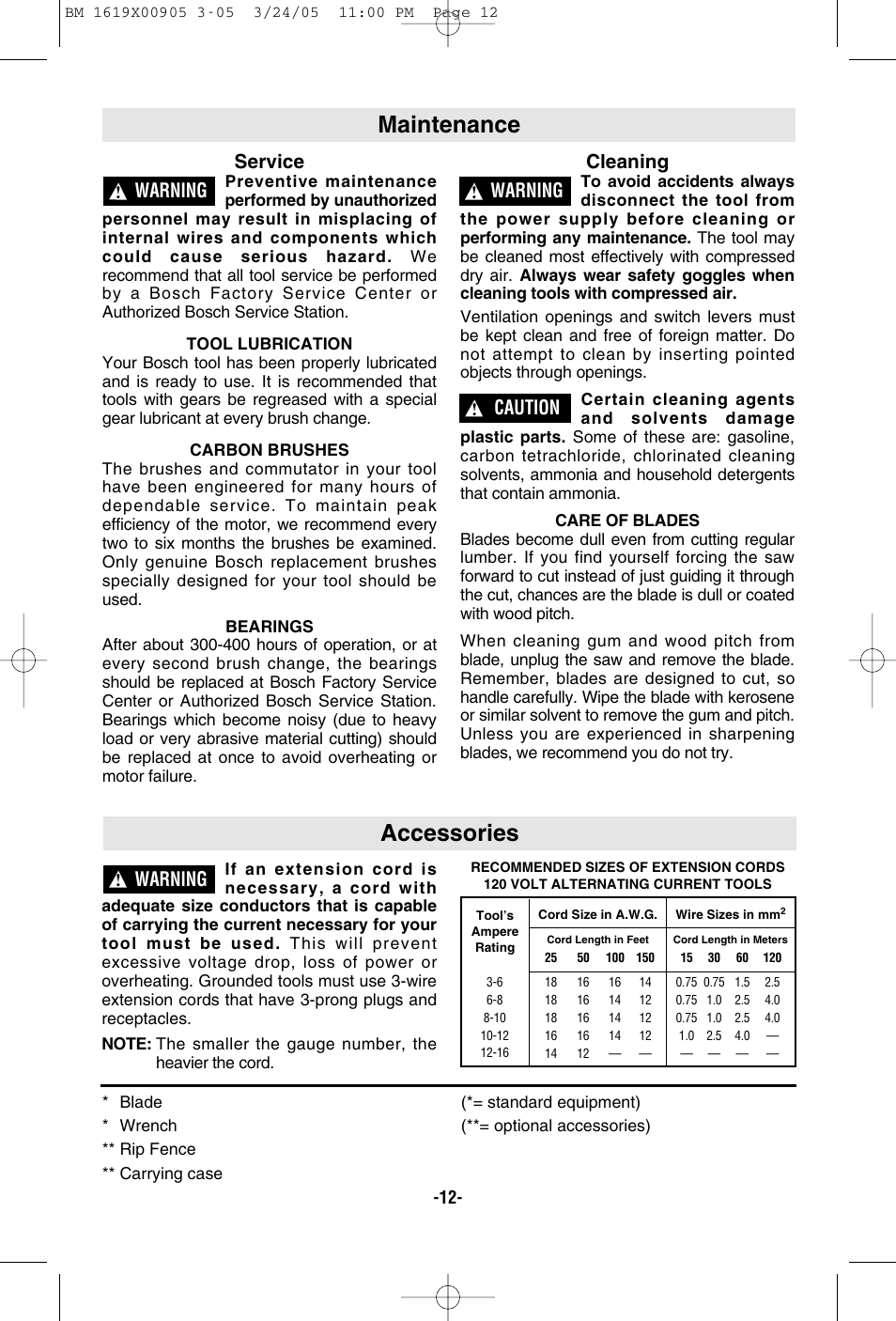 Accessories, Maintenance, Service | Cleaning, Warning, Caution | Bosch 1656 User Manual | Page 12 / 36