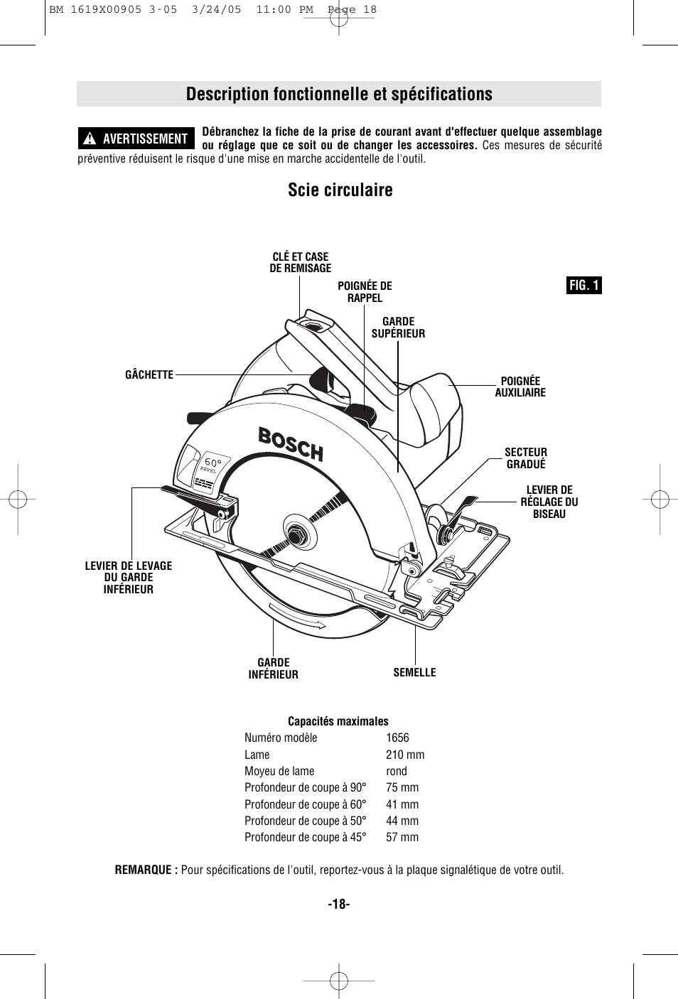 Description fonctionnelle et spécifications, Scie circulaire | Bosch 1656 User Manual | Page 18 / 36