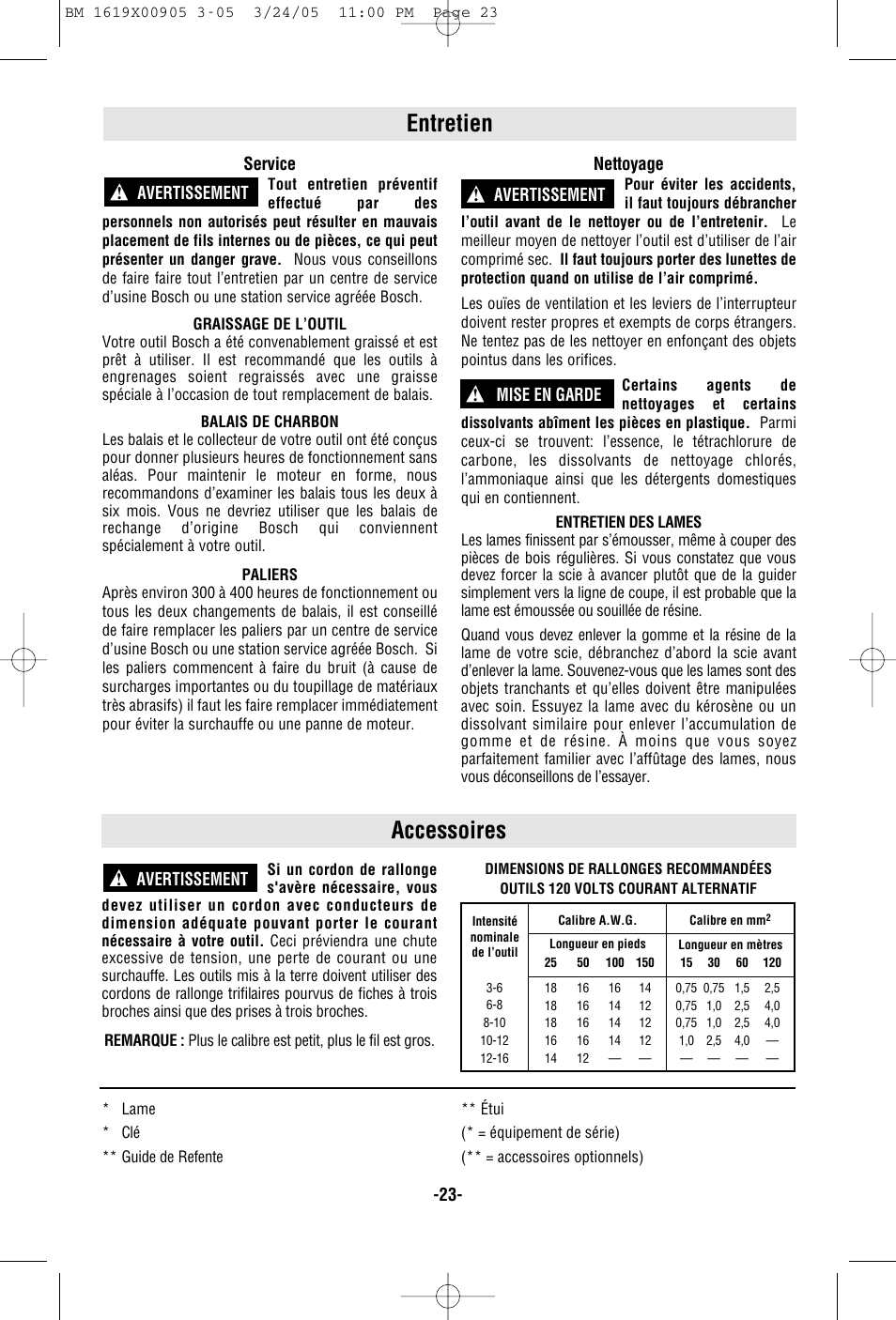 Entretien, Accessoires | Bosch 1656 User Manual | Page 23 / 36