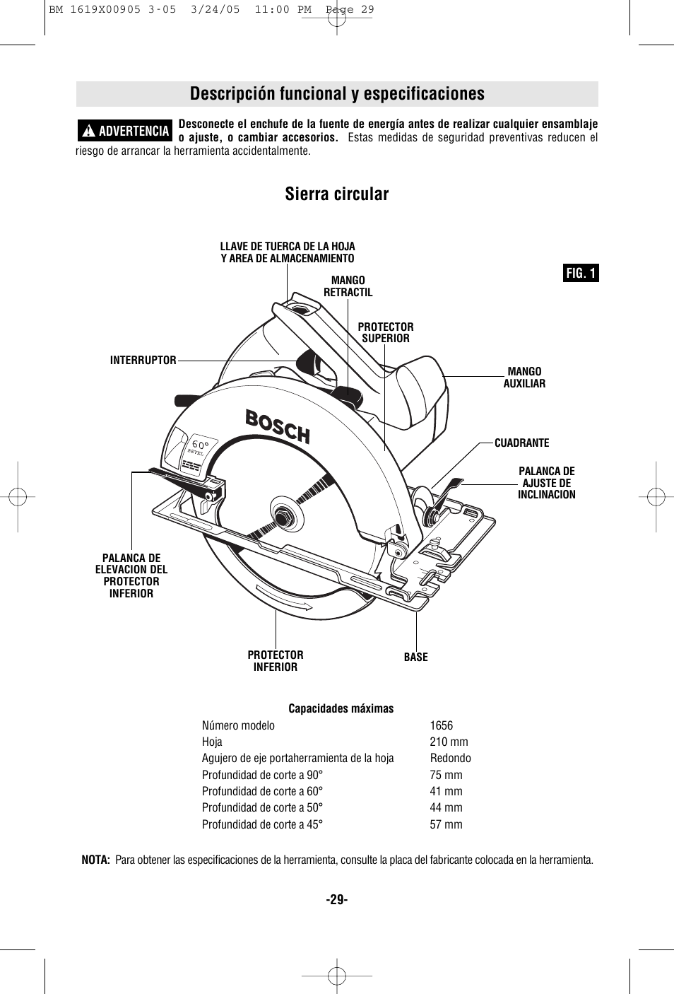 Descripción funcional y especificaciones, Sierra circular | Bosch 1656 User Manual | Page 29 / 36