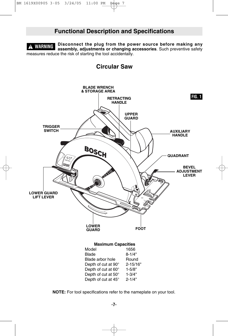 Functional description and specifications, Circular saw | Bosch 1656 User Manual | Page 7 / 36