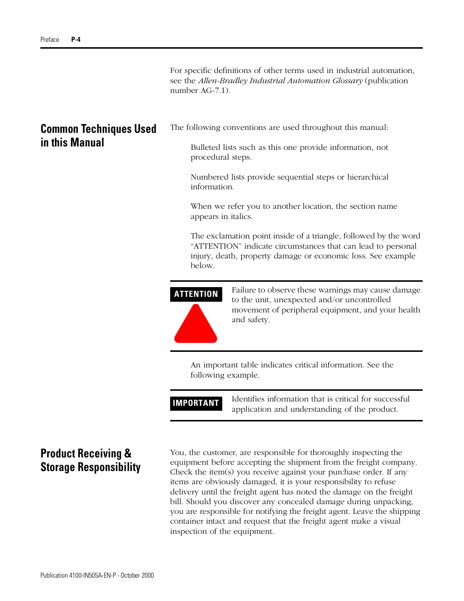Common techniques used in this manual, Product receiving & storage responsibility | Rockwell Automation 4100 ESRS Encoder Signal Reference Simulator Installation Manual User Manual | Page 10 / 37