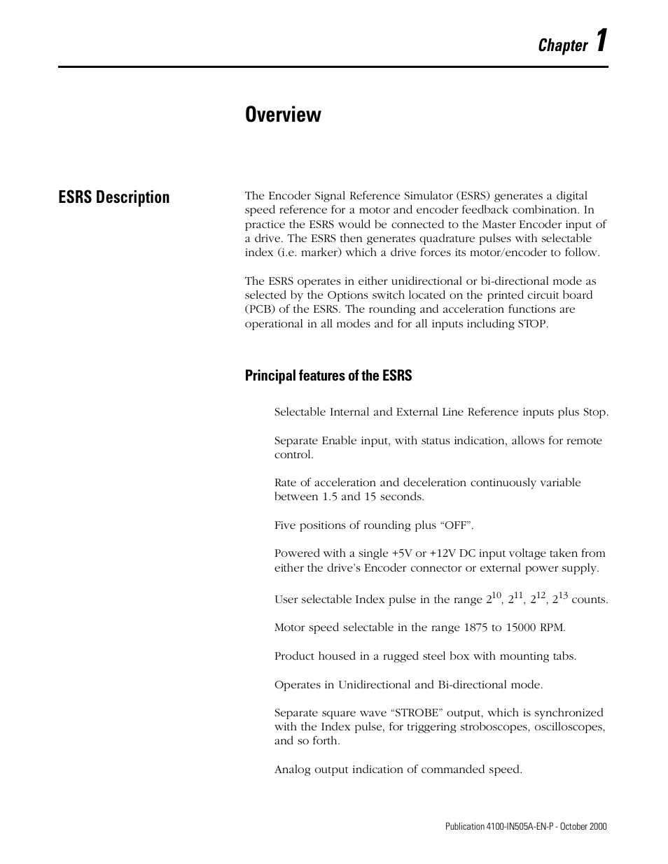 Overview, Esrs description, Principal features of the esrs | Esrs description -1, Principal features of the esrs -1, Chapter | Rockwell Automation 4100 ESRS Encoder Signal Reference Simulator Installation Manual User Manual | Page 13 / 37