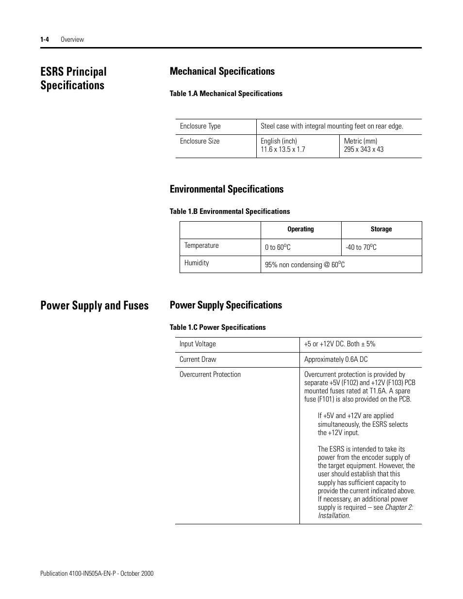 Esrs principal specifications, Mechanical specifications, Environmental specifications | Power supply and fuses, Power supply specifications, Esrs principal specifications -4, Power supply and fuses -4, Power supply specifications -4 | Rockwell Automation 4100 ESRS Encoder Signal Reference Simulator Installation Manual User Manual | Page 16 / 37
