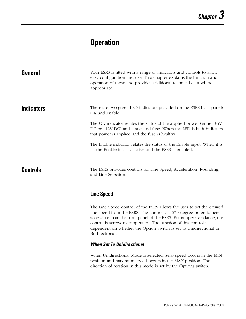 Operation, General, Indicators | Controls, Line speed, When set to unidirectional, General -1 indicators -1 controls -1, Line speed -1, When set to unidirectional -1, Chapter | Rockwell Automation 4100 ESRS Encoder Signal Reference Simulator Installation Manual User Manual | Page 27 / 37