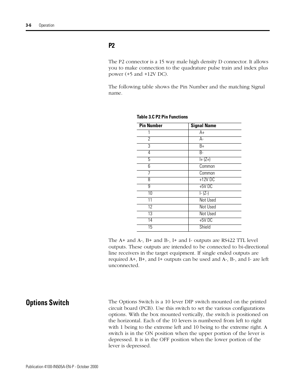 Options switch, P2 -6, Options switch -6 | Rockwell Automation 4100 ESRS Encoder Signal Reference Simulator Installation Manual User Manual | Page 32 / 37