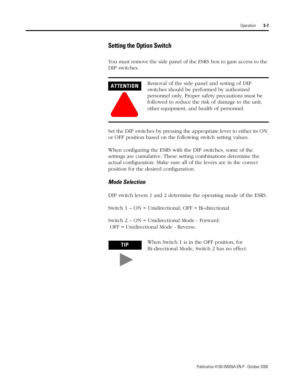 Setting the option switch, Mode selection, Setting the option switch -7 | Mode selection -7 | Rockwell Automation 4100 ESRS Encoder Signal Reference Simulator Installation Manual User Manual | Page 33 / 37