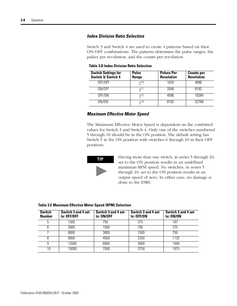 Index division ratio selection, Maximum effective motor speed | Rockwell Automation 4100 ESRS Encoder Signal Reference Simulator Installation Manual User Manual | Page 34 / 37
