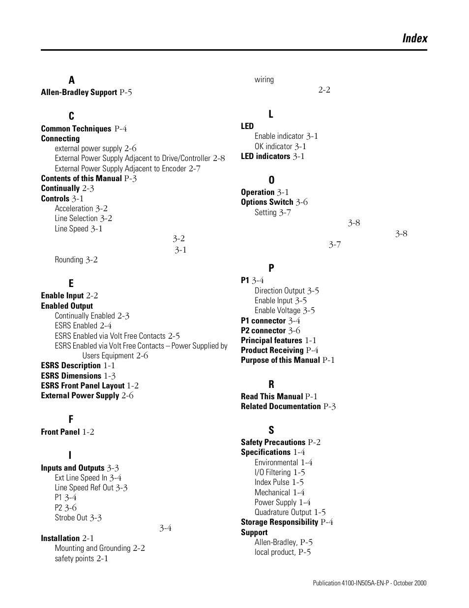 Index | Rockwell Automation 4100 ESRS Encoder Signal Reference Simulator Installation Manual User Manual | Page 35 / 37