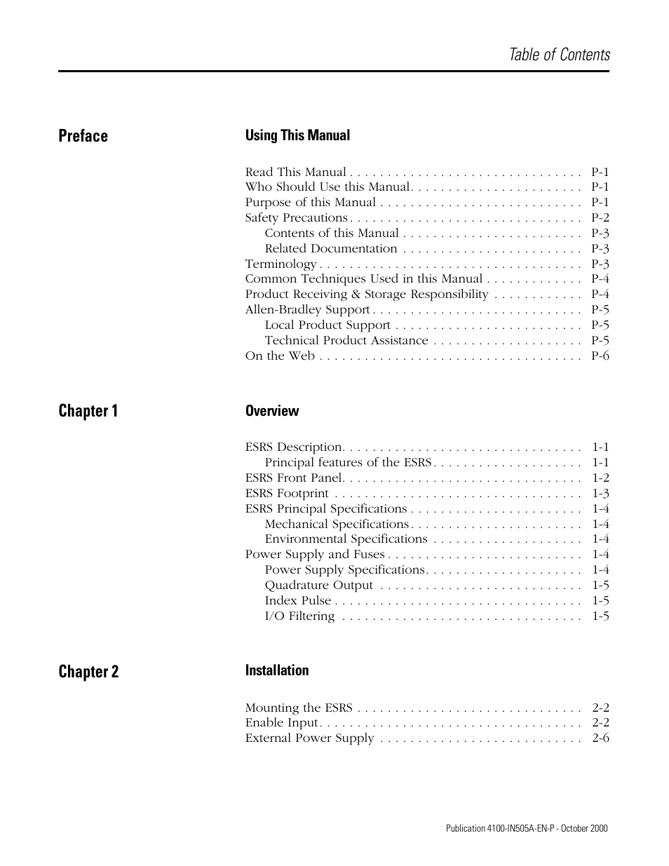 Table of contents p reface, Chapter 1, C hapter 2 | Rockwell Automation 4100 ESRS Encoder Signal Reference Simulator Installation Manual User Manual | Page 5 / 37