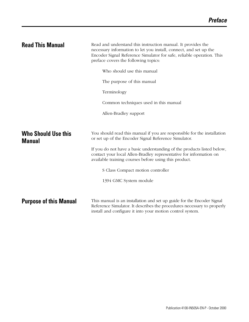 Preface, Read this manual, Who should use this manual | Purpose of this manual, Preface read this manual | Rockwell Automation 4100 ESRS Encoder Signal Reference Simulator Installation Manual User Manual | Page 7 / 37