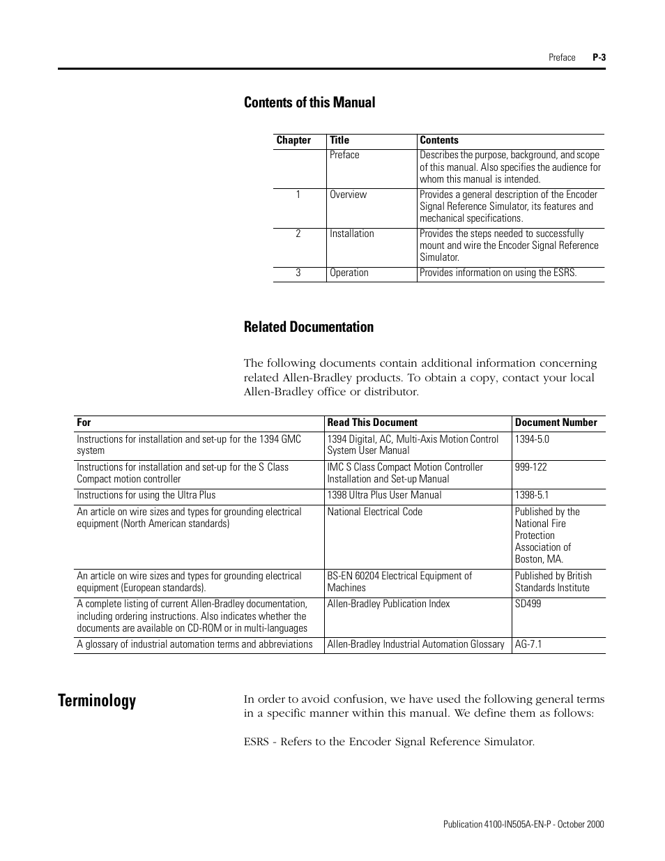 Contents of this manual, Related documentation, Terminology | Contents of this manual related documentation | Rockwell Automation 4100 ESRS Encoder Signal Reference Simulator Installation Manual User Manual | Page 9 / 37
