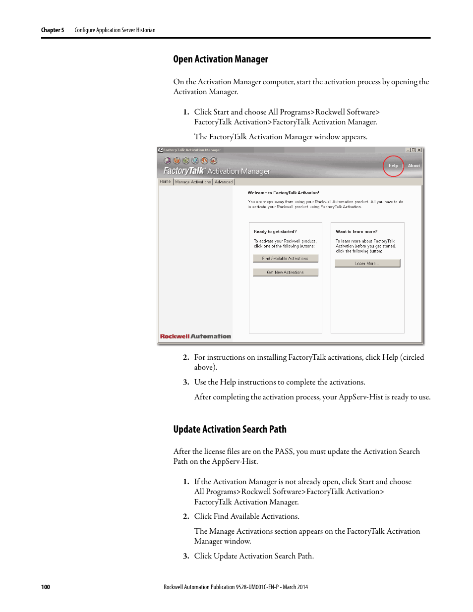 Open activation manager, Update activation search path | Rockwell Automation 9528-APPOWSENE Virtual Image Templates User Manual User Manual | Page 100 / 120