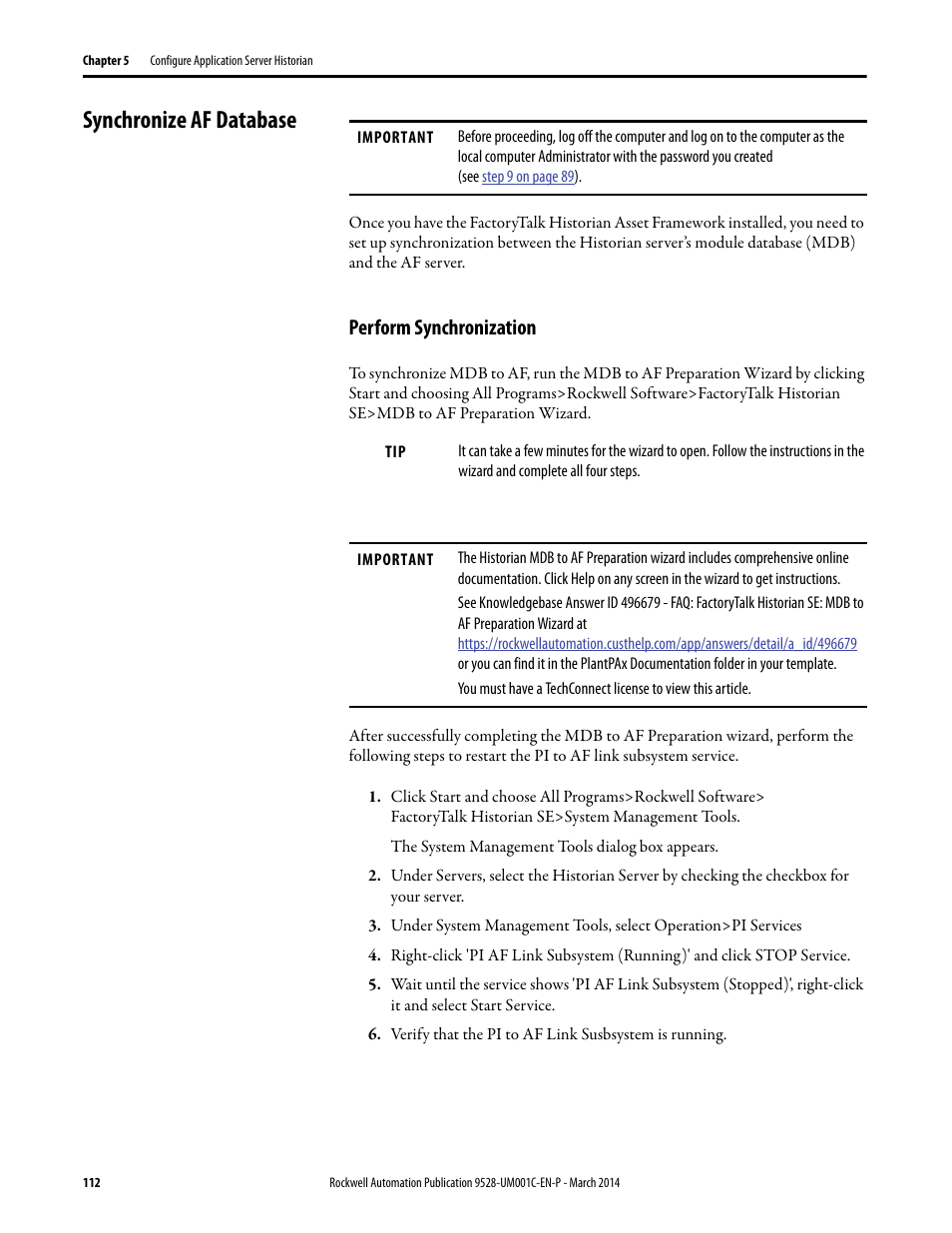 Synchronize af database, Perform synchronization | Rockwell Automation 9528-APPOWSENE Virtual Image Templates User Manual User Manual | Page 112 / 120
