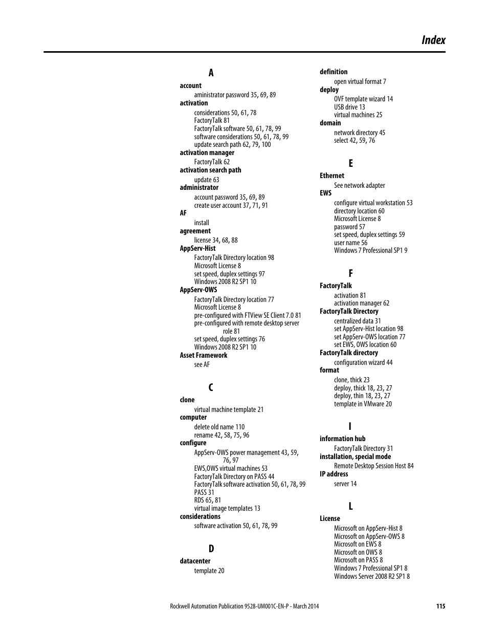 Index | Rockwell Automation 9528-APPOWSENE Virtual Image Templates User Manual User Manual | Page 115 / 120