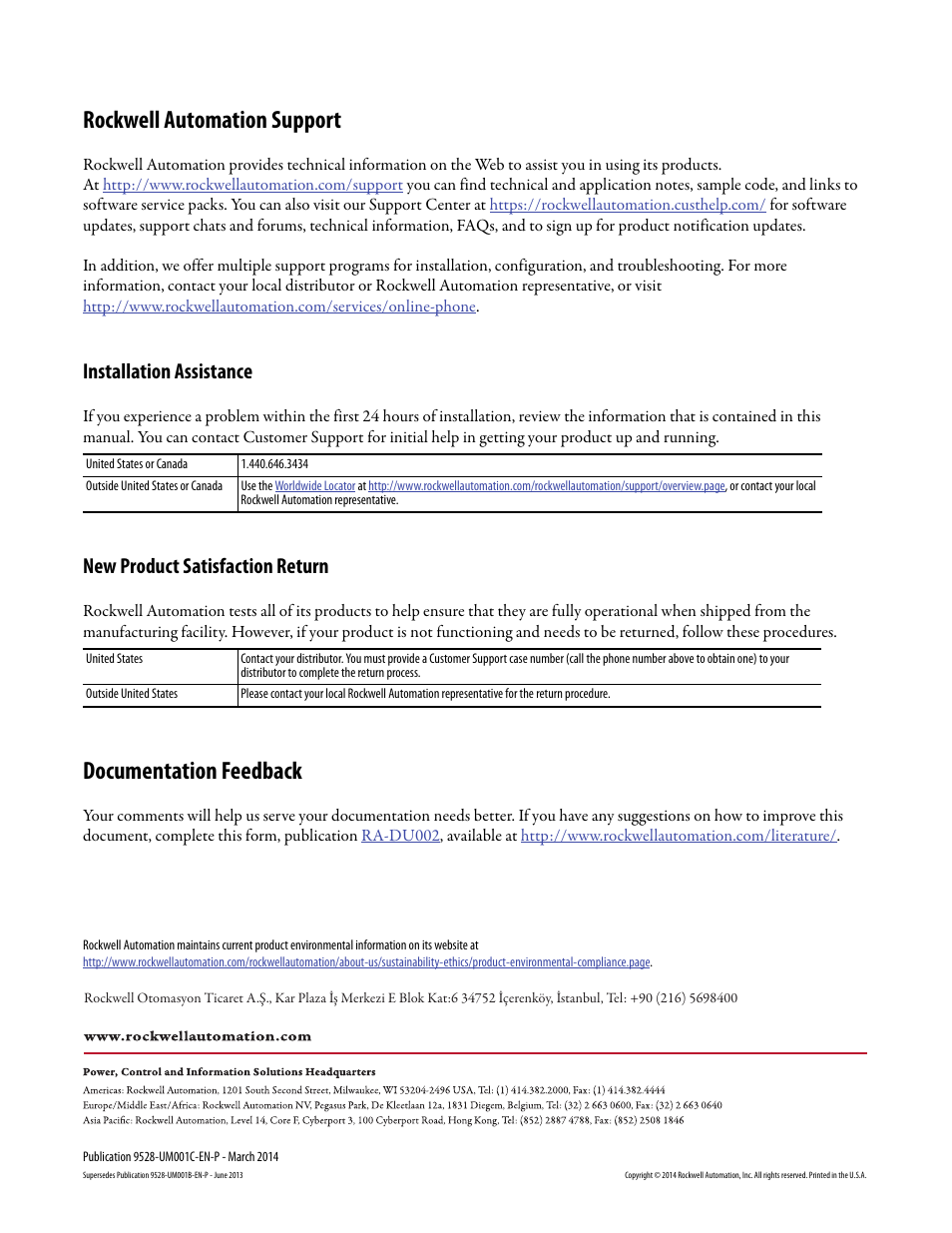 Back cover, Rockwell automation support, Documentation feedback | Installation assistance, New product satisfaction return | Rockwell Automation 9528-APPOWSENE Virtual Image Templates User Manual User Manual | Page 120 / 120