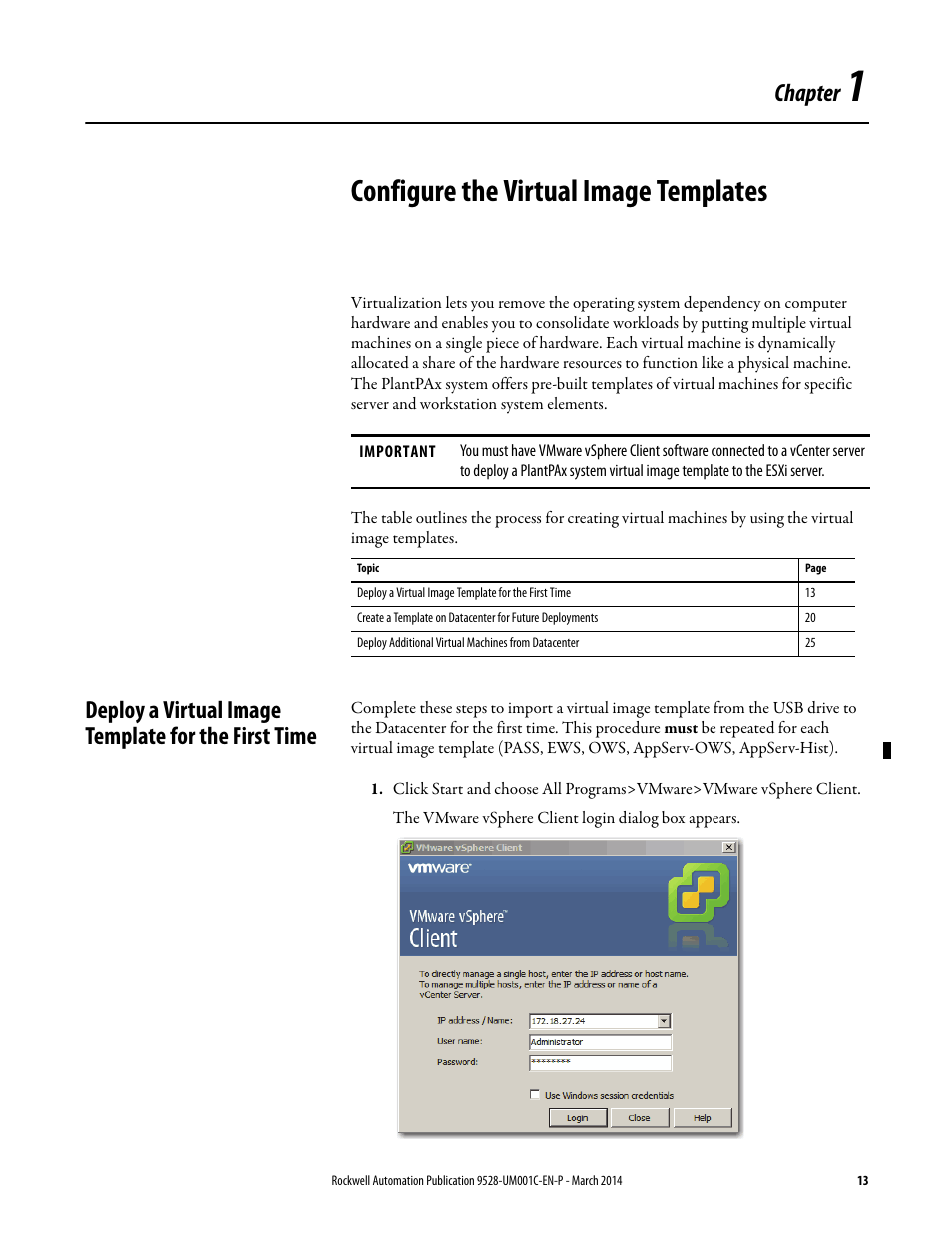 1 - configure the virtual image templates, Deploy a virtual image template for the first time, Chapter 1 | Configure the virtual image templates, Chapter | Rockwell Automation 9528-APPOWSENE Virtual Image Templates User Manual User Manual | Page 13 / 120